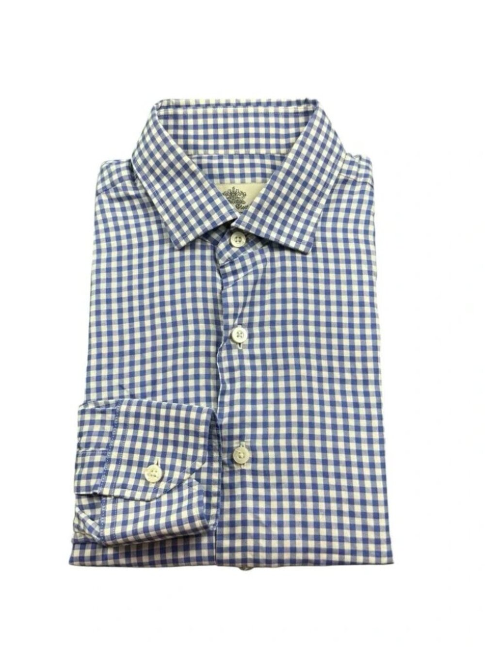 Oxxford Clothes Blue White Checked Cotton Bespoke Button Front Shirt Mens Small